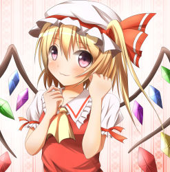Rule 34 | 1girl, bad id, bad pixiv id, blouse, blue hair, blush, bow, collared shirt, flandre scarlet, hair between eyes, hat, hat bow, kuroganeruto, mob cap, red eyes, shirt, side ponytail, solo, touhou, white hat, white shirt, wings