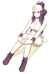 Rule 34 | 1girl, bag, bare shoulders, baseball cap, between breasts, breasts, brown theme, cleavage, closed mouth, creatures (company), dyun, full body, game freak, hat, highres, hilda (pokemon), hugging own legs, large breasts, looking at viewer, monochrome, nintendo, pokemon, pokemon bw, ponytail, shoes, shoulder bag, simple background, sitting, socks, solo, strap between breasts, white background, wristband