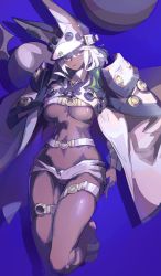 Rule 34 | 1girl, absurdres, belt bra, blue background, breasts, cape, cleavage, clover, covered navel, dark-skinned female, dark skin, four-leaf clover, grin, guilty gear, guilty gear xrd, hair between eyes, hat, highres, huanxiang huifeng, leg up, long hair, looking at viewer, midriff, open fly, ramlethal valentine, short shorts, shorts, sidelocks, simple background, skindentation, smile, solo, stomach, thick thighs, thigh gap, thigh strap, thighs, underboob, white cape, white hair