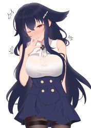 Rule 34 | 1girl, absurdres, azuma (azur lane), azur lane, bare shoulders, black pantyhose, black skirt, blush, bra visible through clothes, breasts, brown eyes, closed mouth, covering own mouth, cowboy shot, hair between eyes, hair flaps, hair ornament, hairclip, hand to own mouth, high-waist skirt, highres, large breasts, leaning forward, long hair, looking at viewer, nose blush, one eye closed, pantyhose, pleated skirt, ribbon, shirt, simple background, skirt, sleeveless, sleeveless shirt, smile, solo, tastysalt, thighband pantyhose, underbust, very long hair, white background, white ribbon, white shirt