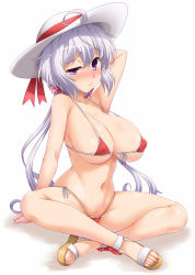 Rule 34 | 1girl, ahoge, alternate costume, arm up, bare legs, bare shoulders, bikini, blush, breasts, closed mouth, collarbone, commentary request, covered erect nipples, crossed legs, groin, hat, hat ribbon, highres, large breasts, light purple hair, long hair, looking at viewer, low twintails, micro bikini, navel, purple eyes, purple hair, red bikini, ribbon, sandals, scrunchie, senki zesshou symphogear, side-tie bikini bottom, simple background, sitting, skindentation, solo, string bikini, sweat, swimsuit, twintails, white background, yoshi tama, yukine chris