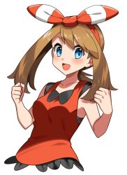 Rule 34 | 1girl, :d, absurdres, blue eyes, blush, bow, bow hairband, breasts, brown hair, clenched hands, collarbone, creatures (company), cropped torso, game freak, hair bow, hairband, highres, looking at viewer, may (pokemon), nintendo, open mouth, pokemon, pokemon oras, red hairband, red shirt, shirt, short hair with long locks, sidelocks, simple background, sleeveless, sleeveless shirt, small breasts, smile, solo, striped, striped bow, white background, yuihico