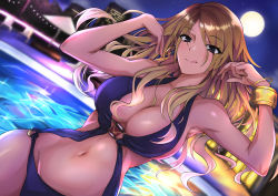 Rule 34 | 1girl, :q, armpits, blonde hair, bracelet, breasts, brown hair, building, cleavage, dutch angle, gradient hair, groin, highres, idolmaster, idolmaster shiny colors, izumi mei, jewelry, large breasts, midriff, monokini, moon, multicolored hair, navel, night, night sky, o-ring, o-ring swimsuit, one-piece swimsuit, pool, poolside, purple one-piece swimsuit, shitamichi, sky, solo, swimsuit, tongue, tongue out
