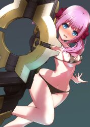Rule 34 | 1girl, assault lily, bare legs, bare shoulders, bikini, black bikini, blue eyes, blush, bow, commentary request, feet out of frame, gradient background, grey background, groin, hair bow, halterneck, hand up, highres, hiraken, holding, holding weapon, leg up, long hair, looking at viewer, navel, nose blush, parted lips, pink hair, red bow, sadamori himeka, skindentation, solo, standing, standing on one leg, stomach, swimsuit, twintails, v-shaped eyebrows, weapon