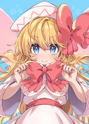 Rule 34 | 1girl, blonde hair, blue background, blue eyes, blush, capelet, closed mouth, dress, e sdss, fairy, fairy wings, fingernails, hat, highres, lily white, long hair, long sleeves, looking at viewer, simple background, smile, solo, touhou, upper body, white capelet, white dress, white hat, wide sleeves, wings