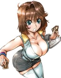 Rule 34 | 1girl, amania orz, blue eyes, breasts, brown hair, card, cleavage, duel disk, holding, holding card, large breasts, looking at viewer, mazaki anzu, medium hair, open mouth, short hair, simple background, solo, thighhighs, white background, yu-gi-oh!, yu-gi-oh! duel monsters