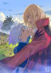 Rule 34 | 1girl, 2boys, absurdres, arms up, blonde hair, blue eyes, blue sky, brown hair, child, closed mouth, cloud, day, diamond (shape), dog, earrings, field, grass, grey hair, hand grab, heen, high collar, highres, howl (howl no ugoku shiro), howl no ugoku shiro, jacket, jewelry, kakashi no kabu, kyuuba melo, long sleeves, looking at another, looking down, looking up, markl, medium hair, mountain, multiple boys, nature, open clothes, open jacket, outdoors, parted lips, rock, short hair, signature, sky, sophie (howl no ugoku shiro), standing, witch of the waste