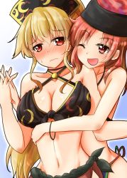 Rule 34 | 2girls, ;d, bare arms, bikini, blonde hair, blush, breasts, cleavage, closed mouth, couple, cowboy shot, embarrassed, female focus, front-tie bikini top, front-tie top, hair between eyes, halterneck, hecatia lapislazuli, highres, holding hands, hug, hug from behind, interlocked fingers, junko (touhou), large breasts, logo, multiple girls, navel, nose blush, one eye closed, open mouth, oshiaki, red eyes, red hair, sarong, side-tie bikini bottom, sidelocks, smile, stomach, sweat, swimsuit, touhou, wavy mouth, yuri