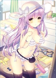 Rule 34 | 1girl, bed, bedroom, bikini, black thighhighs, blurry, blush, breasts, clothes in front, clothes on floor, dengeki moeou, depth of field, dressing, earrings, frilled bikini, frills, front-tie bikini top, front-tie top, half updo, hat, heart, heart earrings, highres, indoors, jewelry, leaning forward, long hair, looking at viewer, navel, non-web source, parted lips, purple hair, small breasts, solo, sparkle, sun hat, swimsuit, thighhighs, topless, wasabi (sekai), white bikini, yellow eyes