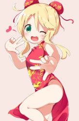 Rule 34 | 1girl, ;d, bare arms, bare legs, bare shoulders, blonde hair, bun cover, china dress, chinese clothes, commentary request, double bun, double w, dress, green eyes, hair bun, heart, highres, himesaka noa, looking at viewer, makuran, one eye closed, open mouth, side slit, sidelocks, simple background, sleeveless, sleeveless dress, smile, solo, w, watashi ni tenshi ga maiorita!