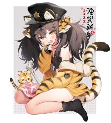 Rule 34 | 1girl, :d, animal, animal ears, animal print, bare shoulders, black choker, black hair, black hat, black socks, blood, bone, brown eyes, brown jacket, byulzzi, chinese zodiac, choker, collarbone, commentary request, ears through headwear, fang, food, full body, grey background, hair between eyes, hand up, hat, highres, jacket, long hair, long sleeves, looking at viewer, meat, nengajou, new year, off shoulder, open mouth, original, peaked cap, puffy long sleeves, puffy sleeves, revision, seiza, sitting, sleeves past wrists, smile, socks, solo, tail, tiger, tiger ears, tiger girl, tiger print, tiger tail, translated, twintails, two-tone background, v-shaped eyebrows, whistle, whistle around neck, white background, year of the tiger