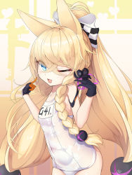 Rule 34 | 1girl, animal ears, arms up, black gloves, blonde hair, blue eyes, braid, cat ears, fang, g41 (beach punk 2064) (girls&#039; frontline), g41 (girls&#039; frontline), girls&#039; frontline, gloves, highres, long hair, low-tied long hair, official alternate costume, one-piece swimsuit, one eye closed, open mouth, ponytail, resolution mismatch, school swimsuit, smile, solo, source larger, swimsuit, upper body, very long hair, wet, wet clothes, wet swimsuit, white one-piece swimsuit, white school swimsuit, yeosi