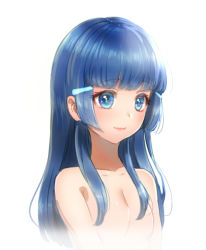 Rule 34 | 10s, 1girl, aoki reika, blue eyes, blue hair, collarbone, female focus, flat chest, galibo, hair ornament, hairclip, long hair, matching hair/eyes, precure, smile, smile precure!, solo, topless, topless frame, upper body, white background