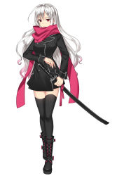 Rule 34 | 1girl, black dress, black footwear, black thighhighs, boots, dress, floating hair, full body, hair between eyes, highres, holding, holding sheath, kansen shoujo (game), katana, long hair, multicolored hair, pink hair, red eyes, red ribbon, red scarf, ribbon, scarf, sheath, sheathed, short dress, silver hair, simple background, solo, standing, sword, thighhighs, two-tone hair, uniform, very long hair, weapon, white background, zettai ryouiki
