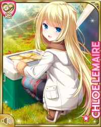 Rule 34 | 1girl, :d, black skirt, blonde hair, blue eyes, card (medium), character name, chloe lemaire, coat, cooler, girlfriend (kari), kneeling, lawn, long hair, official art, open mouth, outdoors, qp:flapper, shirt, skirt, smile, solo, striped clothes, striped thighhighs, tagme, tent, thighhighs, white coat, winter clothes, winter coat