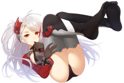 Rule 34 | 1girl, antenna hair, ass, azur lane, black gloves, black panties, black thighhighs, breasts, closed mouth, commentary request, cross, feet, finger to mouth, full body, gloves, hair ornament, hand on own leg, iron cross, kibanda gohan, long hair, long sleeves, looking at viewer, lying, medium breasts, military, military uniform, mole, mole on breast, multicolored hair, no shoes, on back, panties, prinz eugen (azur lane), red hair, sideboob, silver hair, simple background, soles, solo, streaked hair, swept bangs, thighhighs, thighs, toes, two-tone hair, underwear, uniform, very long hair, white background