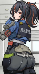 Rule 34 | 1girl, ass, black hair, blue jacket, blurry, blurry background, blush, closed mouth, cowboy shot, dot mouth, from behind, handlebar, high-waist pants, highres, indoors, jacket, katsuragi nantoka, looking at viewer, looking back, metal hairband, multicolored hair, pants, police, police uniform, policewoman, ponytail, red eyes, red hair, solo, streaked hair, tight clothes, tight pants, zenless zone zero, zhu yuan