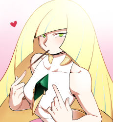 Rule 34 | 1girl, bad id, bad pixiv id, bare arms, bare shoulders, big hair, blonde hair, breasts, collarbone, covered collarbone, creatures (company), diamond (shape), eyelashes, fingernails, food, food in mouth, game freak, gem, gradient background, green eyes, green gemstone, hands up, heart, highres, holding, holding food, long hair, looking at viewer, lusamine (pokemon), mouth hold, narrowed eyes, nintendo, nose, nutkingcall, pink background, pocky, pointing, pointing at self, pokemon, pokemon sm, shirt, sleeveless, sleeveless shirt, small breasts, solo, turtleneck, upper body, white background, white shirt