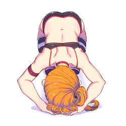 Rule 34 | 1girl, all fours, ass, back, bad id, bad tumblr id, bowing, butt crack, choker, dogeza, long hair, orange hair, original, othel (hatimorris), prostration, short shorts, shorts, solo, striped clothes, striped thighhighs, thighhighs
