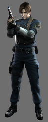 Rule 34 | 1boy, absurdres, belt, boots, capcom, curtained hair, full body, gun, highres, knife, leon s. kennedy, long image, male focus, resident evil, solo, tall image, uniform, weapon