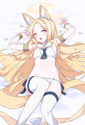 Rule 34 | 1girl, absurdly long hair, absurdres, adapted costume, animal ears, blonde hair, blue archive, bra, bright pupils, covered erect nipples, flower, forehead, fox ears, gradient eyes, hair flower, hair ornament, halo, head wreath, highres, knees up, long hair, lying, multicolored eyes, navel, on back, open mouth, orange eyes, panties, parted bangs, posaru, see-through, see-through sleeves, seia (blue archive), side-tie panties, smile, solo, stomach, striped clothes, striped thighhighs, thighhighs, underwear, vertical-striped clothes, vertical-striped thighhighs, very long hair, white bra, white flower, white panties, white pupils, white thighhighs, yellow eyes