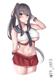 Rule 34 | 1girl, black hair, black neckerchief, blush, breasts, gloves, hair between eyes, highres, kantai collection, large breasts, long hair, looking at viewer, navel, neckerchief, pleated skirt, ponytail, red eyes, red skirt, sailor collar, school uniform, serafuku, shirt, simple background, skirt, smile, solo, tf cafe, twitter username, very long hair, white background, yahagi (kancolle)