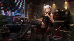 Rule 34 | + +, 1girl, absurdres, alcohol, ambience synesthesia, antenna hair, arknights, armchair, bare shoulders, belt, black dress, black hat, black thighhighs, bottle, breasts, brown eyes, ceiling light, chair, cleavage, crossover, demon girl, demon horns, demon tail, dress, feet, foot out of frame, grey hair, hat, highres, holding, holding clothes, holding hat, horns, indoors, instrument, legs, ling dianxia, looking at viewer, medium breasts, multicolored hair, night, no shoes, official alternate costume, parted lips, piano, radio, red hair, shelf, short hair, sitting, smile, solo, tail, thigh strap, thighhighs, toes, torn clothes, torn thighhighs, two-tone hair, unworn hat, unworn headwear, w (arknights), window, zettai ryouiki