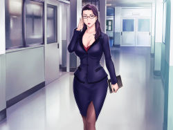 Rule 34 | 1girl, black pantyhose, book, breasts, business suit, cleavage, closed mouth, collarbone, eyebrows, eyelashes, female focus, formal, glasses, grassturtle, highres, holding, holding book, indoors, jewelry, large breasts, legs together, lips, lipstick, long hair, looking at viewer, makeup, necklace, pantyhose, pencil skirt, purple eyes, purple hair, red-framed eyewear, s kyoushi na kagami-sensei to m haha na ryouko-san, skirt, solo, source request, standing, suit, teacher, upper body