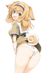 Rule 34 | 10s, 1girl, animal ears, ass, breasts, brown eyes, dog ears, dog tail, fang, hairband, i-26 (kancolle), inuzumi masaki, kantai collection, kemonomimi mode, light brown hair, looking at viewer, medium breasts, no pants, open mouth, panties, paw print, print panties, sailor collar, shirt, short sleeves, simple background, smile, solo, tail, underwear, white background, white panties