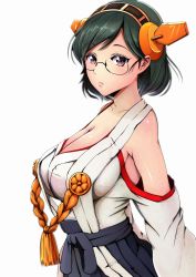 Rule 34 | 1girl, bare shoulders, black hair, black skirt, breasts, cleavage, from side, glasses, headgear, highres, japanese clothes, kantai collection, kirishima (kancolle), large breasts, nontraditional miko, purple eyes, rimless eyewear, short hair, simple background, skirt, solo, swept bangs, white background, zielgigas
