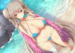 Rule 34 | 1girl, ahoge, arms behind back, azur lane, bare shoulders, beach, bikini, blue bikini, blurry, blurry background, blush, braid, braided bun, breasts, choker, cleavage, closed mouth, collarbone, commentary request, criss-cross halter, double bun, dutch angle, feather boa, formidable (azur lane), formidable (the lady of the beach) (azur lane), gluteal fold, grey hair, groin, hair between eyes, hair bun, halterneck, large breasts, long hair, looking at viewer, midriff, minato yoshihiro, multi-strapped bikini bottom, multi-strapped bikini top, navel, ocean, official alternate costume, pink choker, red eyes, rock, shadow, sidelocks, single thighhigh, skindentation, solo, standing, swimsuit, thighhighs, very long hair, wet
