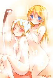 Rule 34 | 10s, 2girls, ayase alisa, ayase eli, blonde hair, blue eyes, blush, breasts, censored, completely nude, convenient censoring, closed eyes, long hair, love live!, love live! school idol project, mogu (au1127), multiple girls, nude, shower head, siblings, sisters, sitting, soap, soap bubbles, soap censor, steam, steam censor