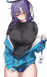 1girl black_shirt blue_archive blue_buruma blue_eyes blue_hair blue_jacket blush breasts buruma check_commentary commentary commentary_request cowboy_shot gym_uniform halo highres holding jacket jacket_partially_removed lanyard large_breasts long_hair looking_at_viewer marushin_(denwa0214) mechanical_halo official_alternate_costume parted_lips partially_unzipped shirt short_sleeves simple_background solo stain stained_clothes sweat sweaty_clothes t-shirt thigh_gap track_jacket unkempt wet wet_clothes wet_shirt white_background yuuka_(blue_archive) yuuka_(track)_(blue_archive) zipper zipper_pull_tab