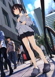 Rule 34 | 1girl, bag, bare legs, bare shoulders, black hair, black skirt, blush, bra strap, building, car, casual, city, clog sandals, closed mouth, clothing cutout, collarbone, day, dutch angle, full body, grey shirt, hand on own chest, kamizaki hibana, long sleeves, miniskirt, motor vehicle, original, outdoors, people, pink eyes, railing, shirt, short hair, short twintails, shoulder bag, shoulder cutout, sidewalk, skirt, solo focus, standing, strap slip, thighs, twintails