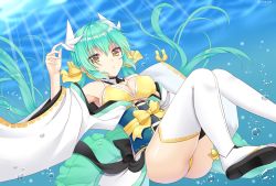 Rule 34 | 1girl, air bubble, bad id, bad pixiv id, bubble, fate/grand order, fate (series), green hair, highres, japanese clothes, kimono, kiyohime (fate), kiyohime (swimsuit lancer) (first ascension) (fate), long hair, panties, sash, siika 620, solo, thighhighs, underwater, underwear, very long hair, white thighhighs, yellow eyes, yellow panties