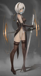 Rule 34 | 1girl, absurdres, bare shoulders, black blindfold, black dress, black footwear, black gloves, black hairband, blindfold, bob cut, breasts, brown thighhighs, bun cover, china dress, chinese clothes, closed mouth, commentary, covered eyes, covered navel, dress, dual wielding, female pubic hair, full body, gloves, groin, hairband, highleg, highleg leotard, highres, holding, holding sword, holding weapon, katana, legs apart, leotard, leotard under clothes, medium breasts, navel, nier (series), nier:automata, no mole, nose, pelvic curtain, pigeon-toed, pink lips, pubic hair, pubic hair peek, routing-zhengyi, shadow, short hair, side slit, silver hair, solo, standing, sword, thighhighs, turtleneck, weapon, white leotard, 2b (nier:automata)