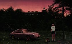 Rule 34 | ambiguous gender, blouse, building, car, dark, highres, holding, motor vehicle, original, orval, outdoors, red sky, shirt, shoes, short sleeves, sky, solo, standing, tree, vehicle focus, washing vehicle, white footwear, white shirt, wide shot