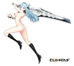 Rule 34 | &gt;:o, 1girl, :o, arched back, areola slip, arm ribbon, ass, bad id, bad pixiv id, black footwear, blue eyes, blue hair, blush, boots, breasts, choker, closers, copyright name, english text, fingernails, floating hair, flower, from side, full body, hair ribbon, hairband, happening18, highres, holding, holding sword, holding weapon, huge weapon, leg up, long hair, looking at viewer, matching hair/eyes, medium breasts, open hand, palms, revealing clothes, ribbon, rose, shoe soles, sideboob, solo, spread fingers, sword, thong, v-shaped eyebrows, violet (closers), weapon, wrist cuffs