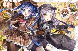 Rule 34 | !, 4girls, :3, :d, ascot, bag, blonde hair, blue eyes, blue hair, blunt bangs, blush, brown capelet, brown footwear, brown gloves, brown hair, brown headwear, brown skirt, brown vest, cabbie hat, camera, capelet, caution tape, chibi, chibi inset, coat, colored eyelashes, cornelia (umineko), cowboy shot, deerstalker, detective, dlanor a. knox, drill hair, eiserne jungfrau, fang, foot out of frame, frilled ascot, frilled skirt, frills, furudo erika, garter straps, gertrude (umineko), ghkdakrh1129, gloves, grey coat, grey gloves, hat, hime cut, holding, holding camera, holding magnifying glass, holding smoking pipe, leg up, light purple hair, long hair, looking at another, magnifying glass, multiple girls, neck ribbon, notice lines, open mouth, pantyhose, parted bangs, parted lips, pink ribbon, plaid, plaid capelet, plaid skirt, red eyes, ribbon, shoes, short hair, shorts, shoulder bag, sidelocks, skirt, smile, smoking pipe, speech bubble, spoken exclamation mark, sweatdrop, taking notes, thighhighs, two side up, umineko no naku koro ni, very long hair, vest, white ascot, white thighhighs, yellow eyes