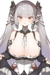 Rule 34 | 1girl, azur lane, bare shoulders, between breasts, black dress, black nails, blush, breasts, cleavage, clothes lift, detached collar, dress, dress lift, formidable (azur lane), frilled dress, frills, grey hair, large breasts, lifted by self, long hair, long sleeves, looking at viewer, nail polish, open mouth, red eyes, smile, solo, sorotu, twintails, two-tone dress, two-tone ribbon, very long hair