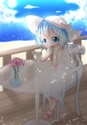 Rule 34 | 1girl, akisha, alternate costume, bad id, bad pixiv id, bare arms, beach, blue eyes, blue hair, blue sky, chair, cirno, cloud, day, dress, drinking straw, flower, food, fruit, glass, hat, hat ribbon, head rest, lemon, lemon slice, looking at viewer, matching hair/eyes, open mouth, outdoors, railing, ribbon, sandals, shade, short hair, sitting, sky, solo, sun, sundress, table, touhou, vase, wings, wooden floor