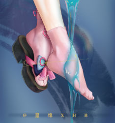 Rule 34 | 1girl, absurdres, ayaka (genshin impact), blue background, blue bow, bow, close-up, dated, feet, feet only, foot focus, footwear bow, from side, genshin impact, geta, heart, highres, light particles, liquid, out of frame, pink legwear, plantar flexion, platform footwear, shoes, signature, single shoe, solo, star (symbol), tabi, tassel, wet, xhb