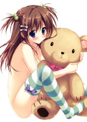 Rule 34 | 1girl, absurdres, blue eyes, blush, brown hair, hair bobbles, hair ornament, hair ribbon, highres, hug, long hair, looking at viewer, nude, original, ribbon, ryouka (suzuya), short twintails, sitting, smile, solo, striped clothes, striped thighhighs, stuffed animal, stuffed toy, teddy bear, thighhighs, twintails, two side up
