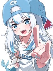 Rule 34 | 1girl, :d, alternate costume, backwards hat, baseball cap, blue eyes, blue hair, blue hat, blush, collarbone, fins, fish tail, gawr gura, grey hair, grey nails, hand up, hat, highres, hip hop, hololive, hololive english, long hair, long sleeves, looking at viewer, m/, multicolored hair, nail polish, open mouth, shark&#039;d, shark girl, shark tail, sharp teeth, shirt, simple background, smile, solo, streaked hair, tail, teeth, tosyeo, v-shaped eyebrows, virtual youtuber, white background, white shirt