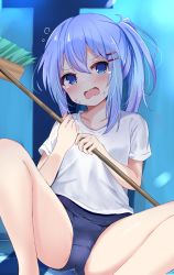 Rule 34 | 1girl, absurdres, anger vein, annoyed, ass, blouse, blue eyes, blue hair, blue one-piece swimsuit, blush, broom, embarrassed, hair ornament, hairclip, highres, legs, long hair, looking at viewer, nagomi yayado, one-piece swimsuit, original, ponytail, school swimsuit, shirt, short sleeves, sitting, solo, spread legs, swimsuit, swimsuit under clothes, tears, thighs, white shirt