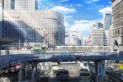 Rule 34 | apartment, arch, blue sky, building, bus, bus stop, car, cloud, commentary request, crossed arms, day, hankachi (okayama012), highres, lamppost, light rays, motor vehicle, original, osaka (city), outdoors, pedestrian bridge, power lines, railing, real world location, realistic, road, road sign, scenery, sign, sky, skyscraper, sunbeam, sunlight, traffic light, train, utility pole, wide shot