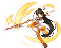 Rule 34 | 1girl, absurdres, ara haan, ara han, black hair, brown eyes, elsword, fire, full body, hair ornament, hair ribbon, high ponytail, highres, holding, holding weapon, leg up, little xia (elsword), long hair, official art, open mouth, polearm, ress, ribbon, solo, thighhighs, transparent background, weapon, white ribbon, white thighhighs