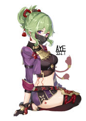 Rule 34 | 1girl, absurdres, aye-wow, black gloves, black shirt, black thighhighs, breasts, chinese commentary, commentary request, crop top, cropped jacket, dated, genshin impact, gloves, green eyes, highres, jacket, kuki shinobu, long sleeves, looking at viewer, mask, medium breasts, midriff, mouth mask, open clothes, open jacket, partial commentary, ponytail, purple eyes, purple jacket, seiza, shirt, short hair, short shorts, shorts, sidelocks, sitting, solo, stomach, thighhighs, thighs