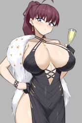Rule 34 | 1girl, absurdres, ahoge, alcohol, bare shoulders, black dress, black gloves, blush, breasts, brown hair, champagne, champagne flute, cleavage, cocktail dress, collarbone, covered navel, cowboy shot, criss-cross halter, cup, dolla (dark rose) (nikke), dolla (nikke), dress, drinking glass, earrings, feather boa, gloves, goddess of victory: nikke, goma., grey background, half gloves, halter dress, halterneck, hand on own hip, high ponytail, highres, holding, holding cup, jewelry, large breasts, long hair, looking at viewer, official alternate costume, parted lips, pelvic curtain, ponytail, purple eyes, simple background, sleeveless, sleeveless dress, solo, spaghetti strap, thighs, wide hips