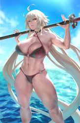 Rule 34 | 1girl, ahoge, antenna hair, backlighting, bikini, blue sky, breasts, choker, day, eu03, fate/grand order, fate (series), flame print, hair between eyes, holding, holding sword, holding weapon, jeanne d&#039;arc alter (swimsuit berserker) (fate), jeanne d&#039;arc (fate), jeanne d&#039;arc alter (fate), jeanne d&#039;arc alter (swimsuit berserker) (fate), large breasts, long hair, looking at viewer, muscular, muscular female, o-ring, o-ring bikini, o-ring bottom, ocean, platinum blonde hair, scabbard, sheath, sheathed, sky, solo, swimsuit, sword, thighs, very long hair, weapon, yellow eyes